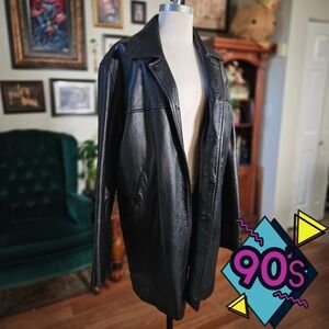 Vintage 90s Michael Lawrence Mens Black Leather Jacket Classic Button Front